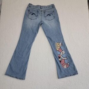 No Boundaries Flare Jeans Juniors 9 Blue Embroidered Tapestry Inset Y2K